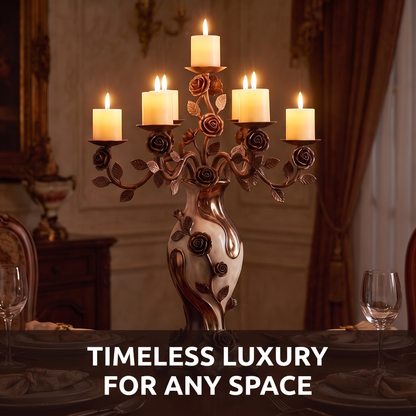 CASNELA grand rose vine 5-arm candelabra full front view lit on round walnut side table with velvet drape background — warm candlelight room scene