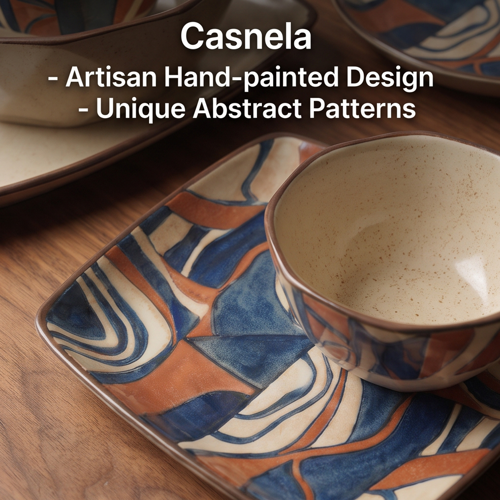 CASNELA artisan hand-painted square plate with abstract pattern and bowl close-up on wood table — Artisan Hand-painted Design & Unique Abstract Patterns