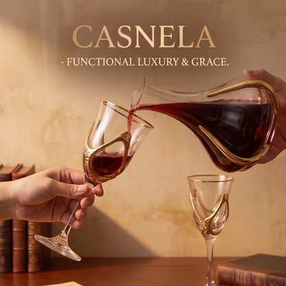 CASNELA crystal glass decanter with twisted gold stopper and wine glasses — Hand-Crafted Artistry & Details