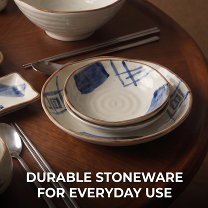 CASNELA blue ink stacked bowl and plate showing hand-painted pattern with chopsticks — Durable Stoneware for Everyday Use