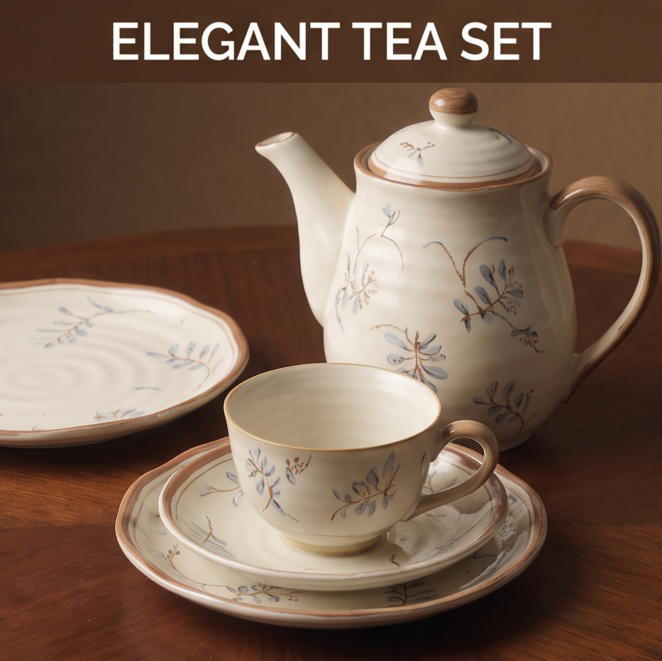 CASNELA elegant tea set — teapot, tea cup, saucer and side plate with hand-painted botanical motif — Elegant Tea Set
