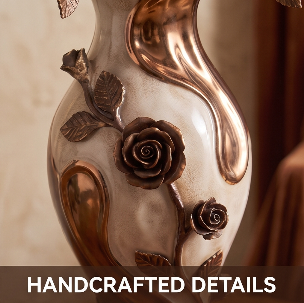 CASNELA handcrafted details — mid-body close-up showing large open rose bloom, bud, and veined leaves in antique bronze against pearl white