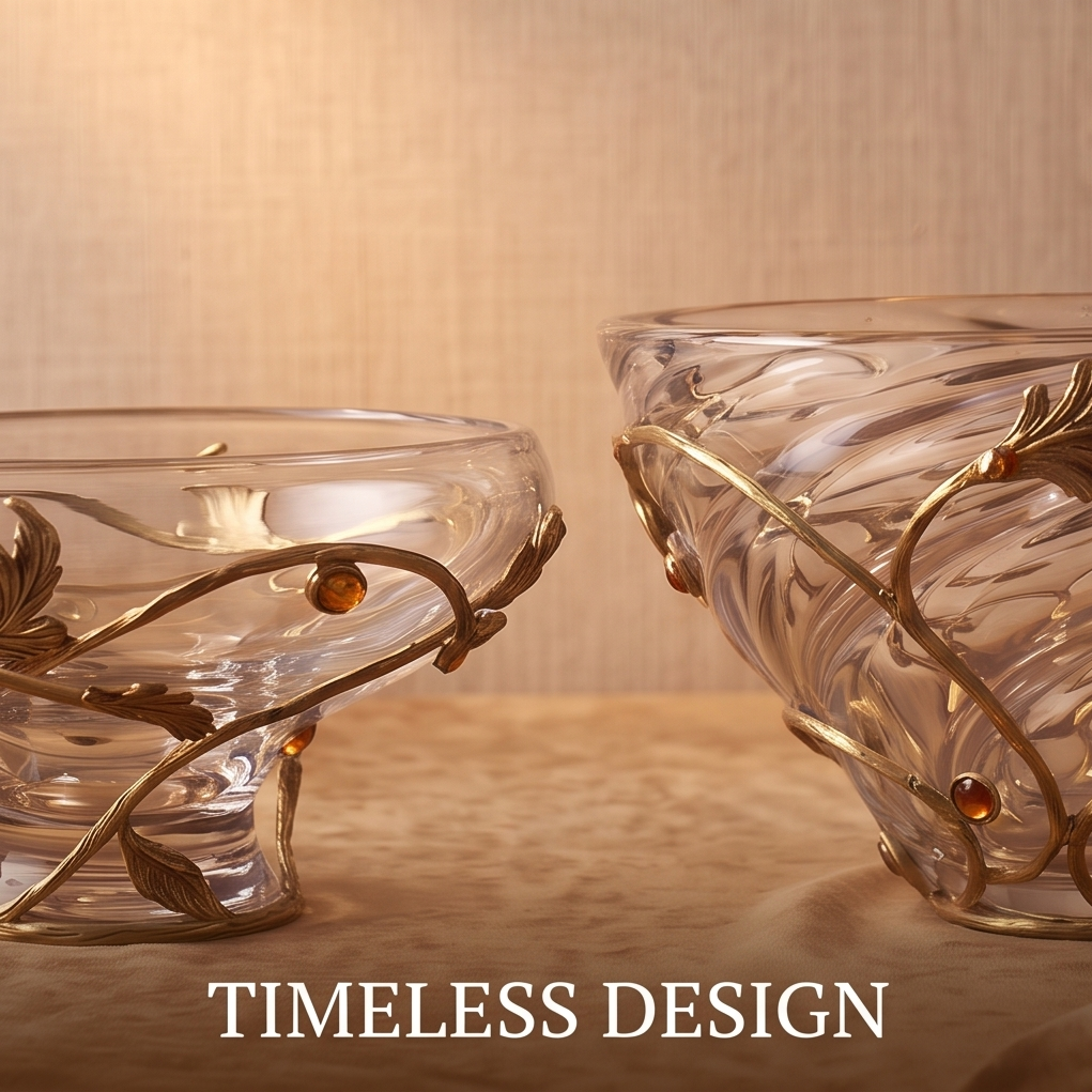 CASNELA two gold vine glass bowls face to face showing timeless design and amber gemstone details — Timeless Design