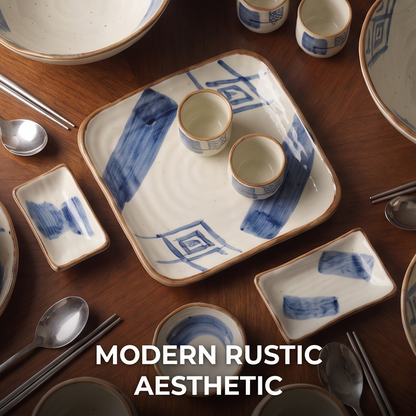 CASNELA blue ink square plate, small dishes and cups overhead on walnut table — Modern Rustic Aesthetic