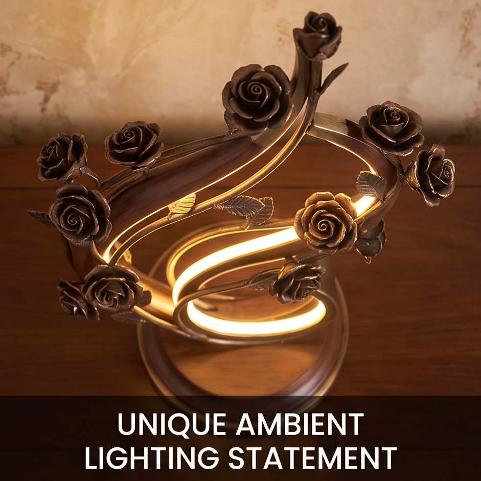 CASNELA rose vine lamp elegant S-curve design & rich wood base full front view on marble wall
