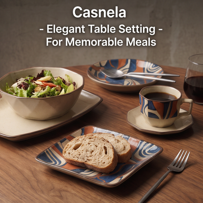 CASNELA abstract ceramic dinnerware set on walnut dining table with salad bowl, bread plate and coffee cup — Elegant Table Setting for Memorable Meals