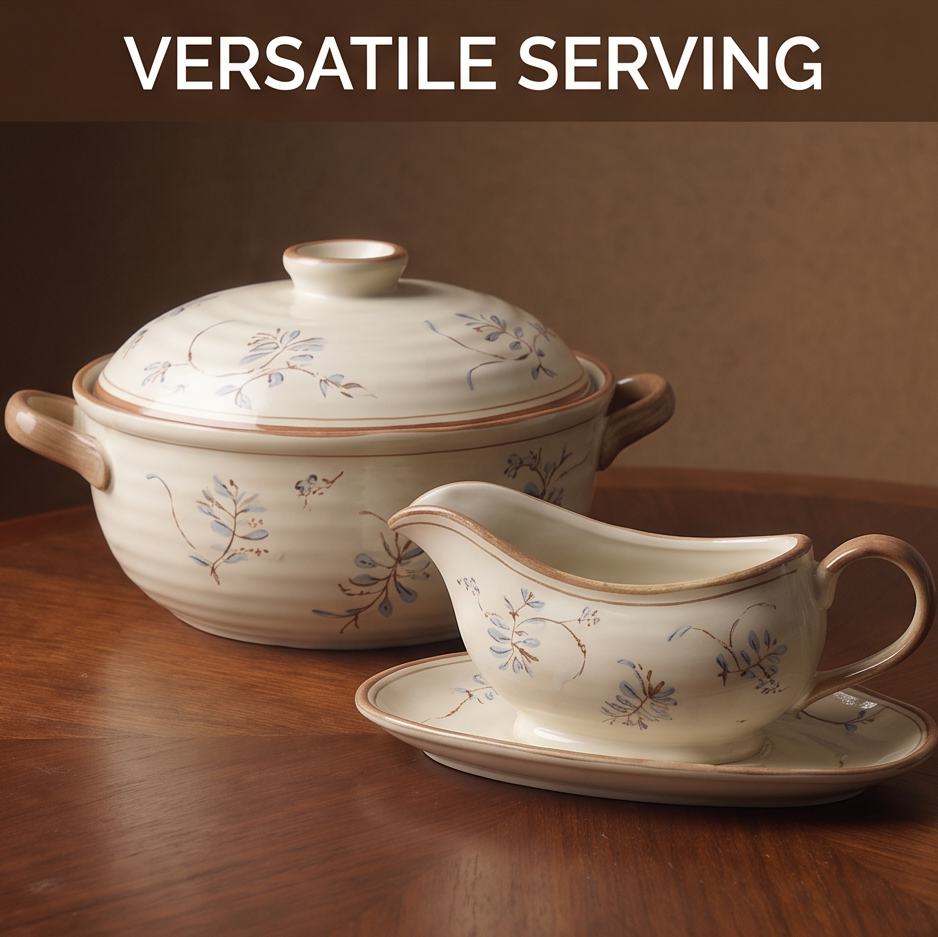 CASNELA versatile serving — lidded soup pot and sauce boat with undertray showing hand-painted artistry — Versatile Serving