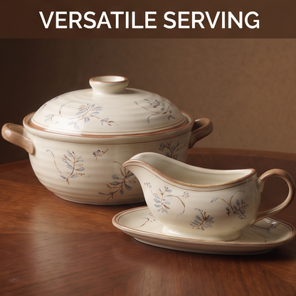 CASNELA versatile serving — lidded soup pot and sauce boat with undertray showing hand-painted artistry — Versatile Serving