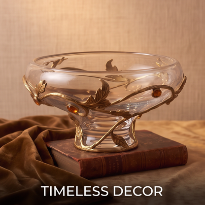 CASNELA gold vine vase close-up showing handcrafted elegance — intricate leaf, lattice and amber gemstone detail
