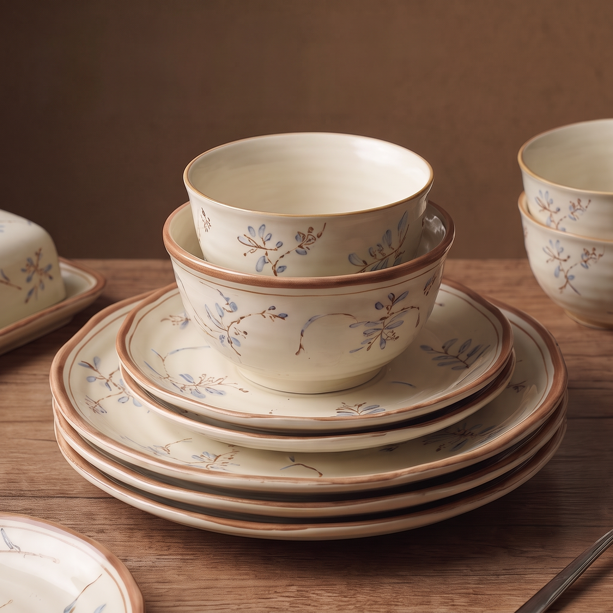CASNELA charming details — butter dish on scalloped oval plate close-up showing delicate botanical brushwork — Charming Details