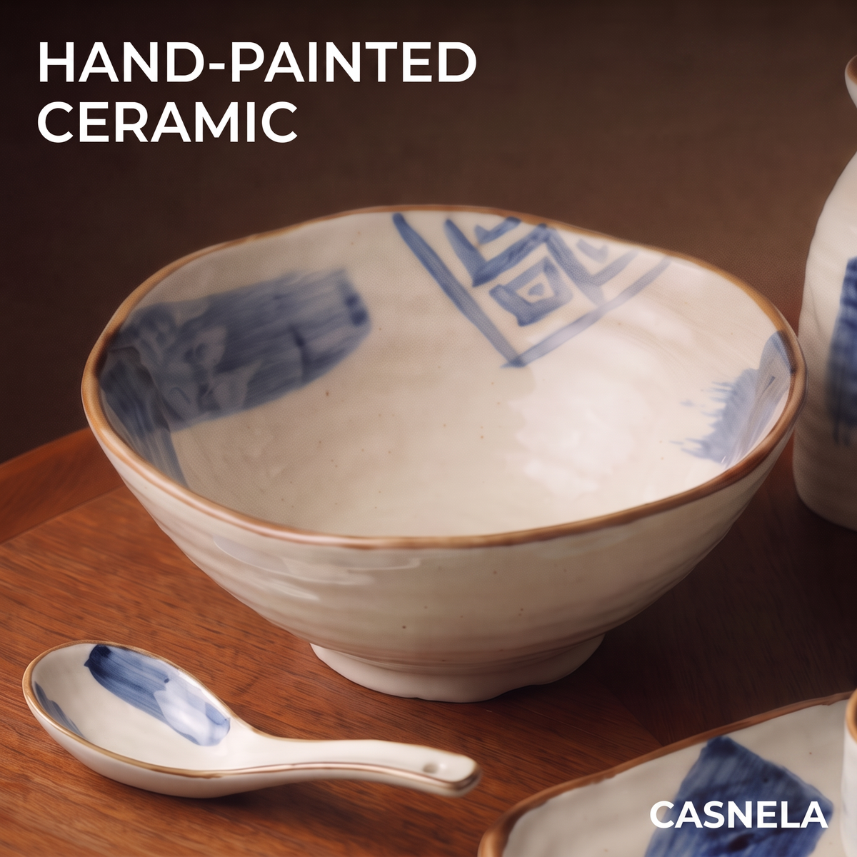 CASNELA blue ink large bowl and ceramic spoon on wooden tray — Hand-painted Ceramic detail