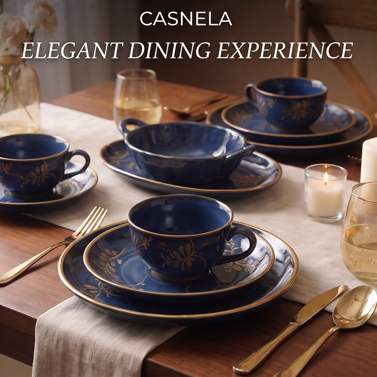 CASNELA navy ceramic plate and bowl close-up showing hand-painted details — Elegant Gold Rim & Unique Floral Motif