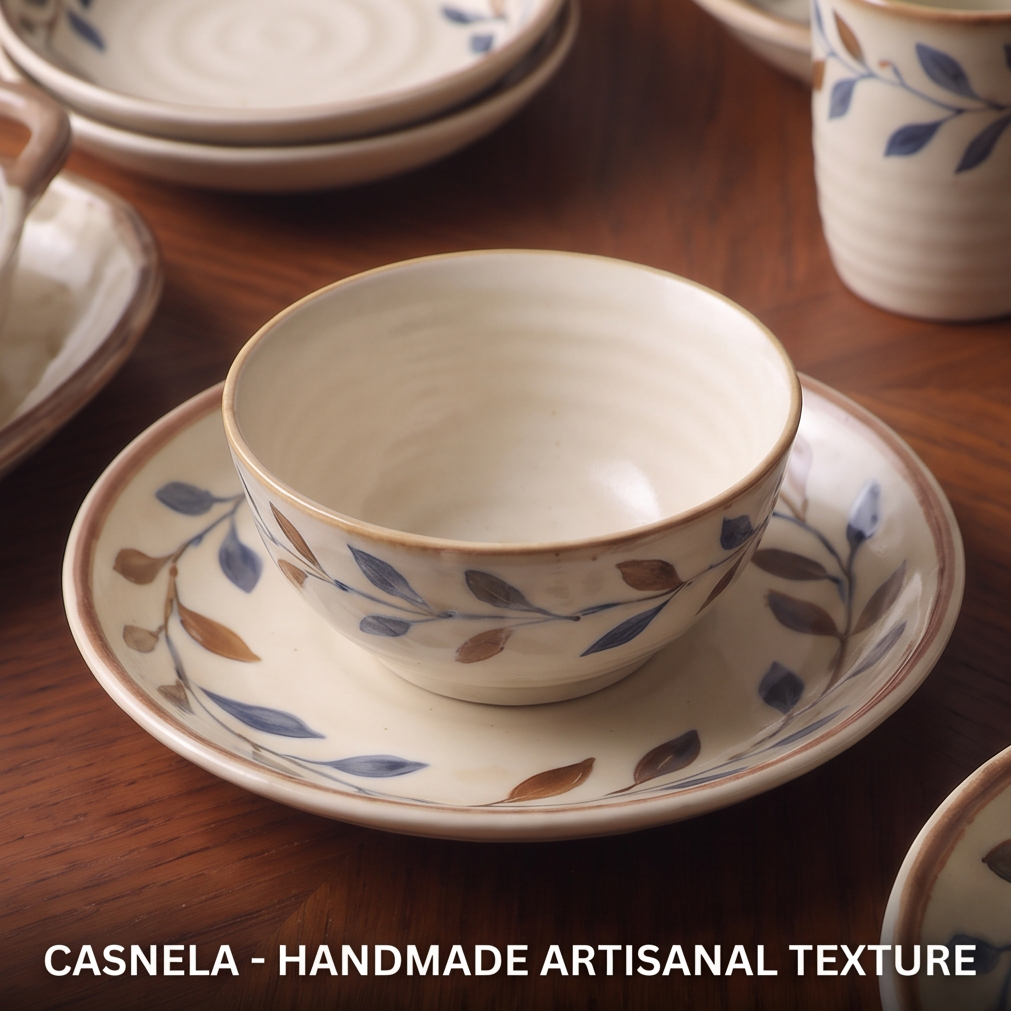 CASNELA hand-painted artistry unique designs — bowls, saucers and mug close-up showing blue and brown leaf pattern