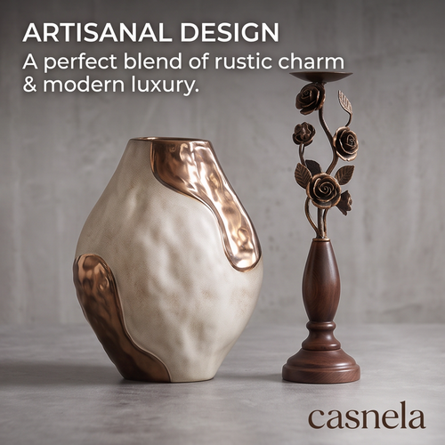 CASNELA rose vine candle holder pair and ceramic vase set on round walnut table with dried pampas and dahlia blooms — Elegant Home Decor Set