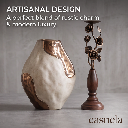 CASNELA rose vine candle holder pair and ceramic vase set on round walnut table with dried pampas and dahlia blooms — Elegant Home Decor Set