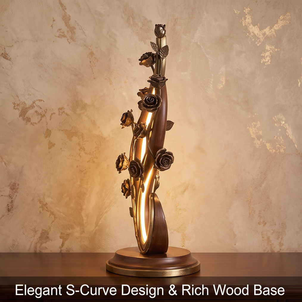 CASNELA rose vine sculptural LED table lamp on bedside table with tea cup and books — Luxurious Ambiance & Timeless Decor