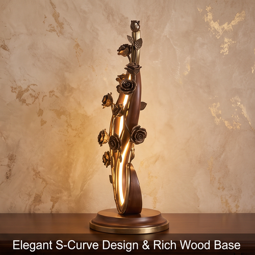 CASNELA rose vine sculptural LED table lamp on bedside table with tea cup and books — Luxurious Ambiance & Timeless Decor