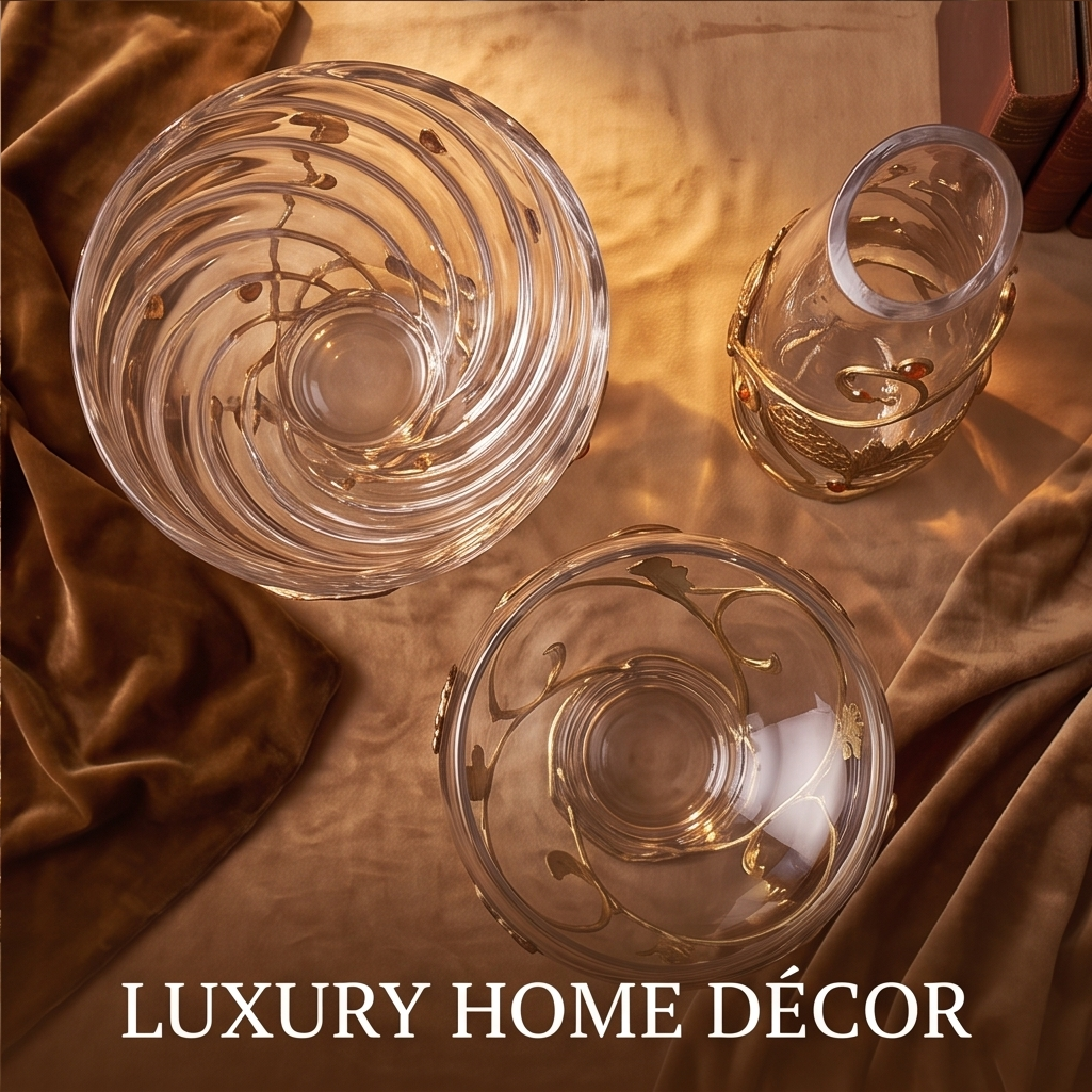 CASNELA gold vine bowls and vase overhead view on velvet cloth — Luxury Home Décor