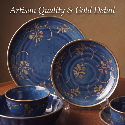 CASNELA navy ceramic large plate, saucer and bowls showing artisan quality & gold detail