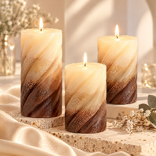 Amber Twist Pillar Candle Set – Luxury Sculptural Scented Candles for Elegant Home Décor & Cozy Moments