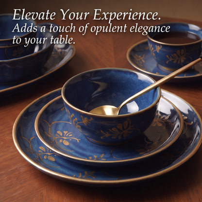 CASNELA navy gold floral tea cup, saucer and square dish with silver spoon — Perfect for Tea Time & Special Occasions