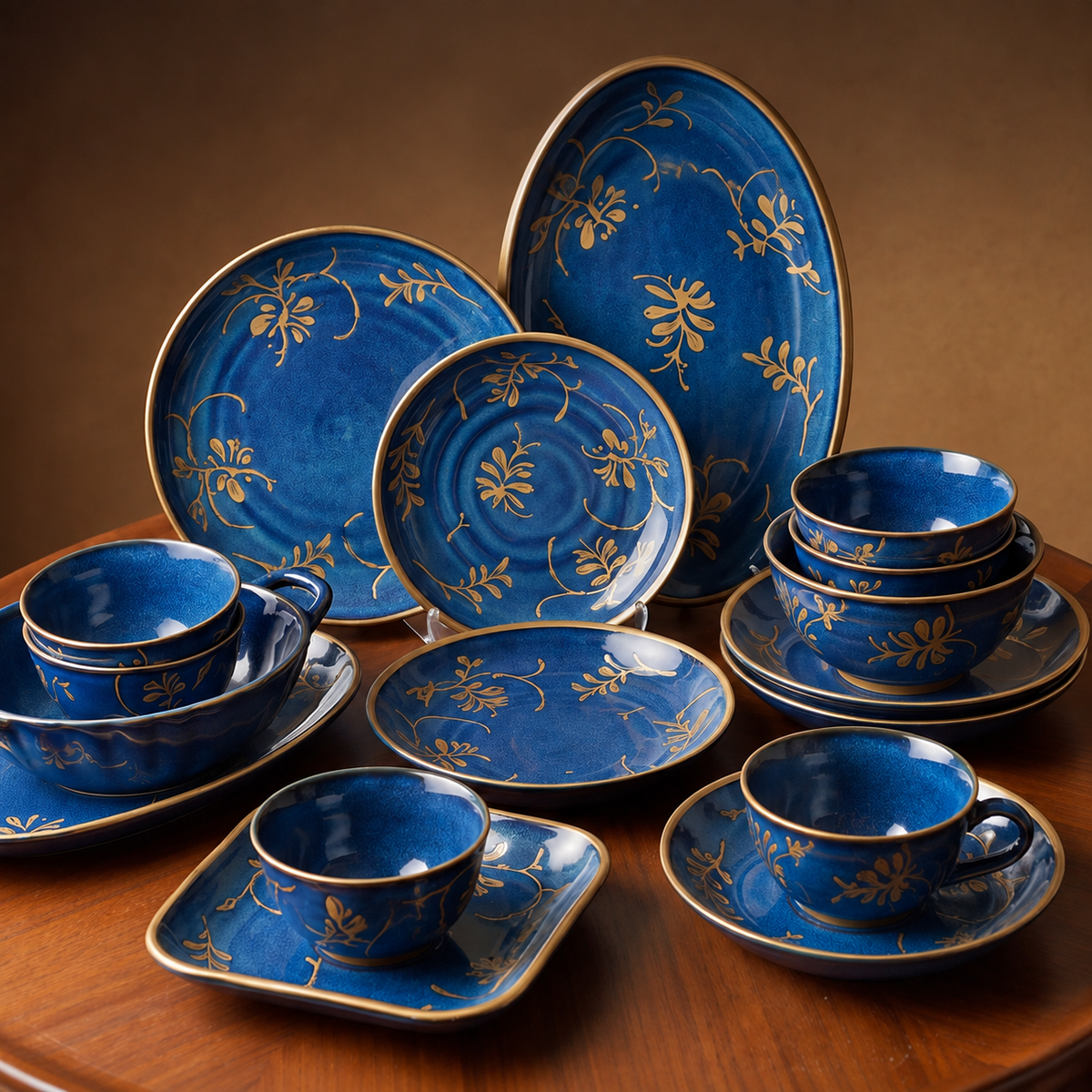 CASNELA® Navy Gold Floral Ceramic Dinner Set | Hand-painted Gold Rim & Unique Floral Motif – Elegant Dining Experience