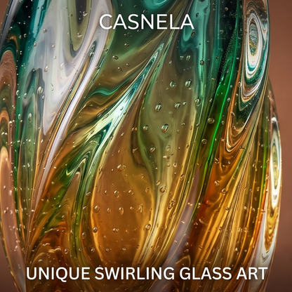 CASNELA swirling art glass vase with dried botanicals on wood table — Elegant Home Decor
