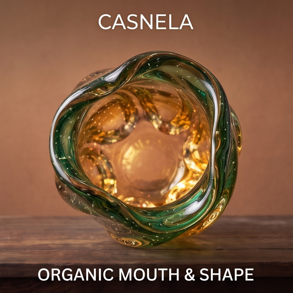 CASNELA swirling amber and green glass vase solo on wood table — CASNELA brand shot