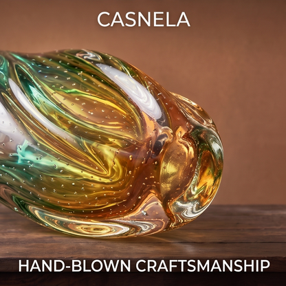 CASNELA glass vase close-up showing unique swirling glass art texture and air bubbles