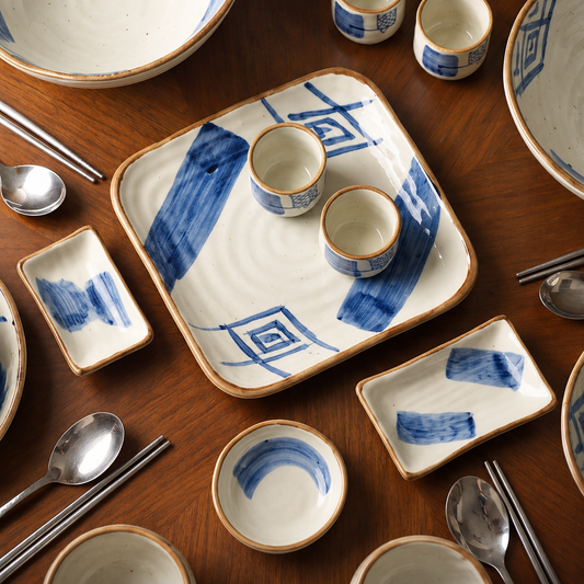CASNELA® Blue Ink Stoneware Dining Set | Hand-painted Ceramic – Modern Rustic Aesthetic